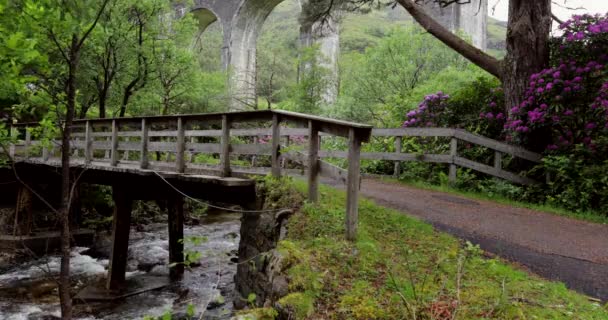 Puente viejo y pintoresco paisaje matutino de Escocia. Filmación 4K . — Vídeo de stock