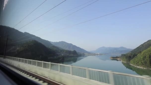 在高速火车上，透过窗户可以看到中国的省份。慢动作镜头. — 图库视频影像