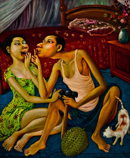 INDONESIA, BALI - JANUARY 20, 2011: Traditional Picture Painting by Indonesian Masters Close-up. — Stock Photo, Image