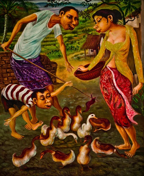 INDONESIA, BALI - JANUARY 20, 2011: Traditional Picture Painting by Indonesian Masters Close-up. — Stock Photo, Image