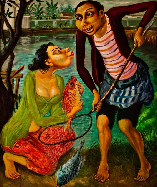 INDONESIA, BALI - JANUARY 20, 2011: Traditional Picture Painting by Indonesian Masters Close-up. — Stock Photo, Image