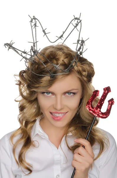 Beautiful woman in crown of barbed wire with trident — Stock Photo, Image