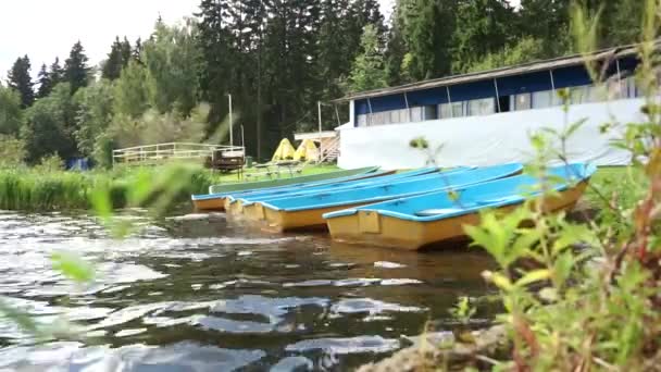 Коричневая лодка с синим дном на воде — стоковое видео