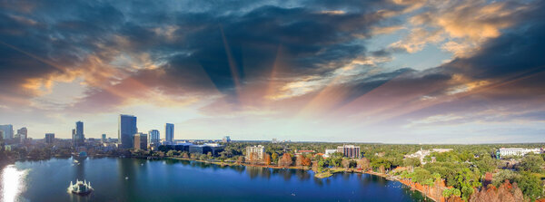 Orlando aerial view, skyline and Lake Eola at dusk