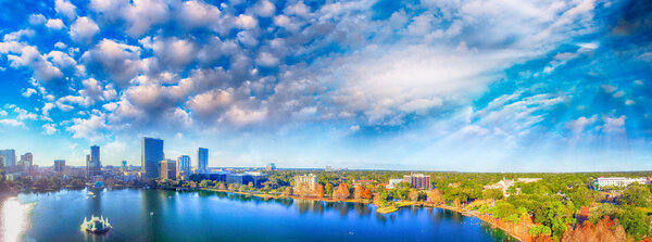 Orlando aerial view, skyline and Lake Eola at dusk