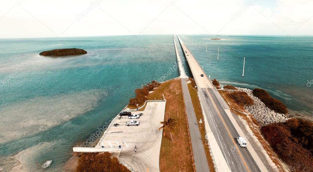 Turquoise waters and bridge on the Overseas Highway, aerial view