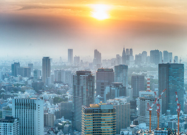 TOKYO - MAY 23, 2016: Panoramic view of city skyline at sunset. Tokyo attracts more than 10 million tourist annually.