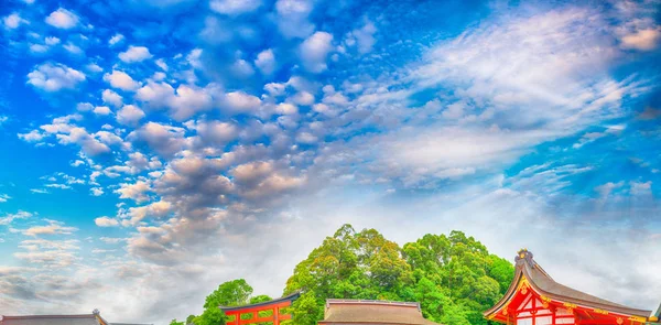 Blue cloudy sky and red roofs — Stock Photo, Image