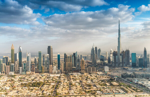 Downtown Dubai skyline aerial view, UAE