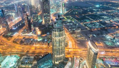 Gün batımında görülen olarak Downtown Dubai havadan görünümü