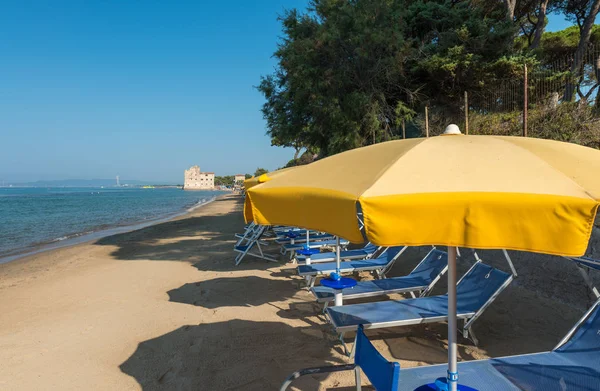 Filas de sombrillas y sillas en una hermosa playa —  Fotos de Stock