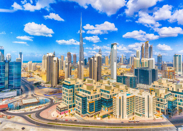 Aerial view of Dubai Downtown on a beautiful day