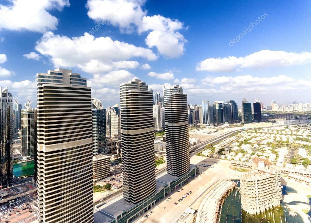 Aerial view of Dubai Jumeirah Lakes Towers skyline
