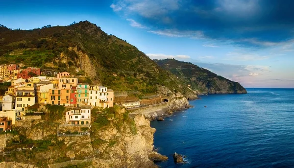 Beautiful aerial view of Manarola from helicopter - Five Lands, — Stock Photo, Image