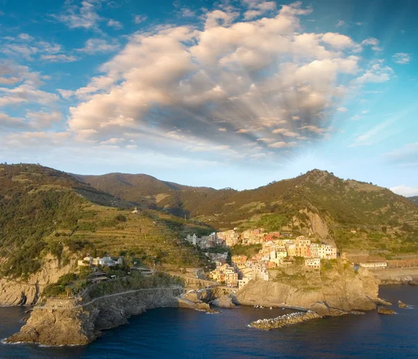 Beautiful aerial view of Manarola from helicopter - Five Lands, — Stock Photo, Image