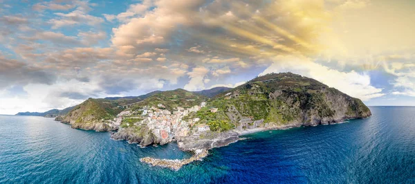 Riomaggiore in Five Lands. Aerial view from helicopter at sunset — Stock Photo, Image