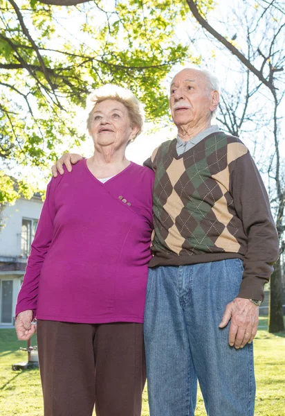 Bejaarde echtpaar in de tuin — Stockfoto