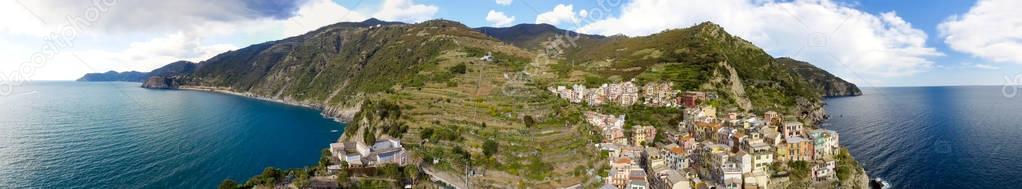 Manarola aerial panoramic view from helicopter. Five Lands with 