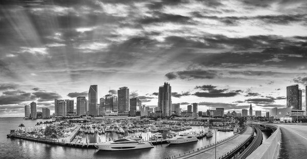Black and white view of Downtown Miami. Panoramic shot from Port