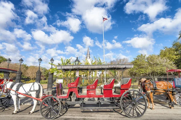 NEW ORLEANS, USA - FEBRUARY 2016: Red horse carriage along Jacks — Stock Photo, Image