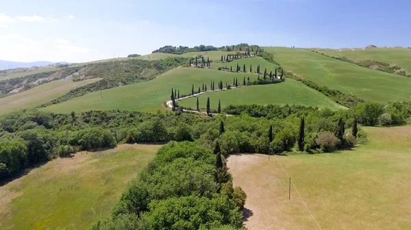 Increíble vista aérea de la campiña Toscana sinuoso camino en sprin —  Fotos de Stock