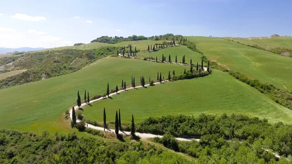 Amazing aerial view of Tuscany countryside winding road in sprin — Stock Photo, Image