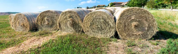 Panorámás táj látványa bála széna, tavaszi Toszkána — Stock Fotó