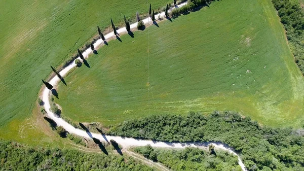 Niesamowity widok z lotu ptaka Tuscany wsi kręte drogi w sterow — Zdjęcie stockowe