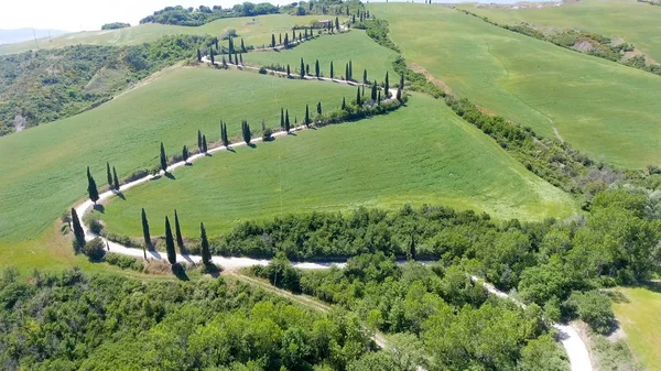 Amazing aerial view of Tuscany countryside winding road in sprin — Stock Photo, Image