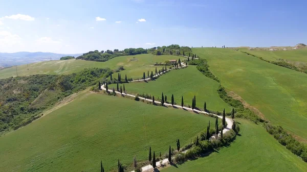 Incrível vista aérea da Toscana estrada sinuosa rural em sprin — Fotografia de Stock