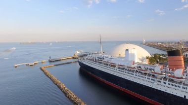 Rms Queen Mary okyanus gemisi, Long Beach, Ca, havadan görünümü