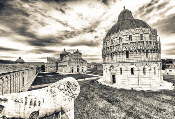 Vista aérea de la Plaza de los Milagros, Pisa desde las murallas de la ciudad — Foto de Stock