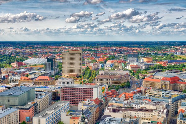 LEIPZIG, GERMANY - JULY 17, 2016: Aerial view of buildings in city center. Leipzig attracts 5 million people annually.