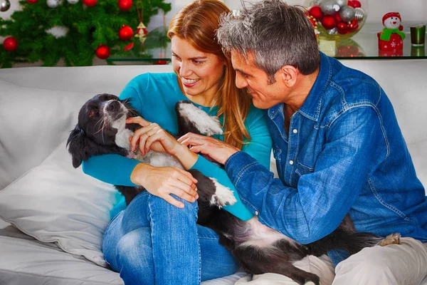 wife and husband with dog at home