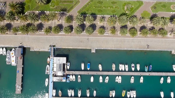 Overhead view of city port with docked boats
