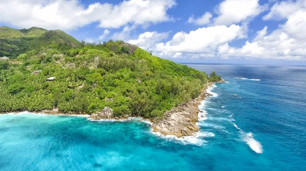 Letecký pohled na krásnou pláž Seychelly a stromy — Stock fotografie