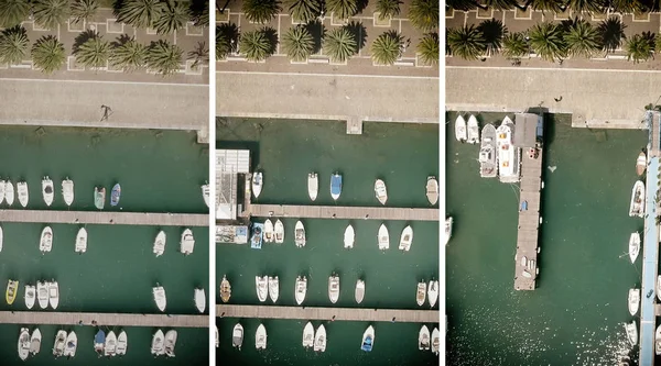 Aerial overhead view of boat marina
