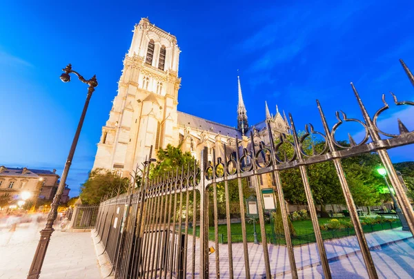 Verbazingwekkende kleuren van de nacht van de Notre Dame kathedraal met brug gate, P — Stockfoto