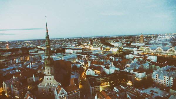 Riga at night from drone, Latvia.