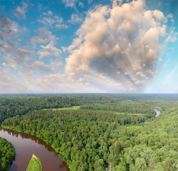 Aerial view of beautiful river across the forest — Stock Photo, Image