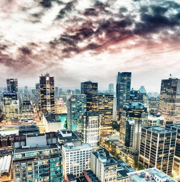 Night aerial view of Vancouver skyscrapers from city rooftop - B — Stock Photo, Image