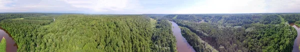 Panorama Flygfoto över skogen och floden i skymningen — Stockfoto