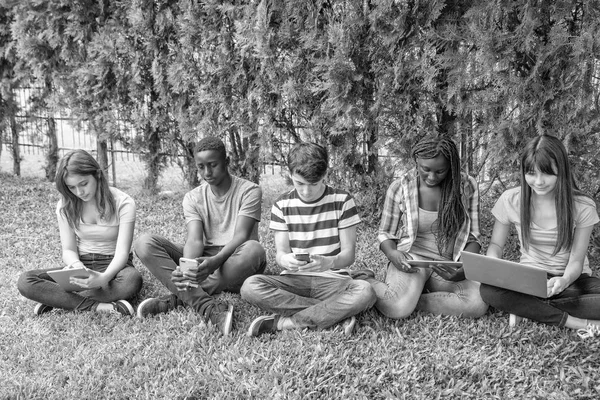 多民族青少年放松坐在草地上 usi — 图库照片
