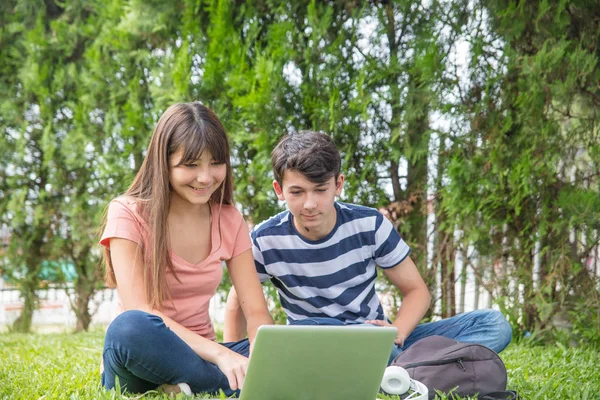 Pareja de adolescentes usando el ordenador portátil en la hierba en un par hermoso —  Fotos de Stock