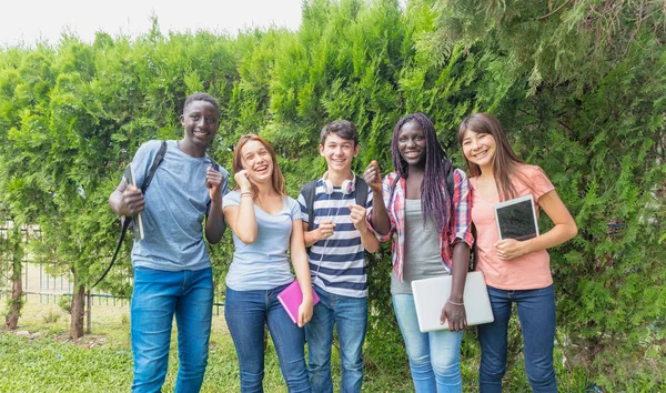 Мульти этническая группа подростков счастливы стоя в красивой папа — стоковое фото