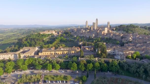 令人惊叹的空中日落景色 位于意大利托斯卡纳省锡耶纳的圣季米尼亚诺的中世纪小镇 — 图库视频影像
