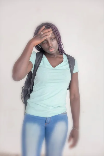 African Female Teenager Worried Thinking Backpack Isolated White Background — Stock Photo, Image