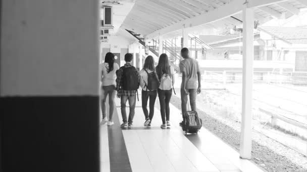 Gruppo Adolescenti Che Camminano Nel Corridoio Della Scuola — Video Stock