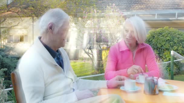 Szczęśliwy, że osoby starsze pary podejmowania śniadanie odkryty i za pomocą laptopa — Wideo stockowe