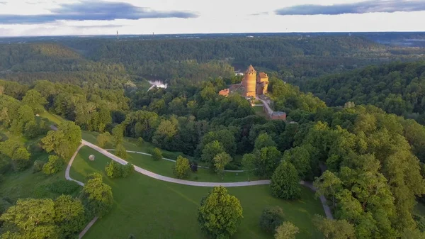 Vackra Flygfoto Över Turaida Slott Sommar Solnedgång Lettland — Stockfoto